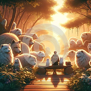 A person stands on a bridge surrounded by ethereal wolves in a mystical forest photo