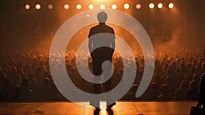 A person stands at the edge of the stage their back to the camera as they captivate the audience with their performance