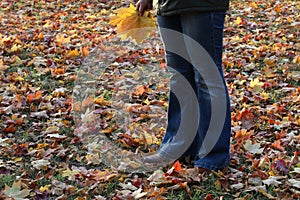 The person stands on the ground covered with fallen multicolored leaves red orange yellow.