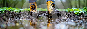 A person stands in a muddy puddle wearing yellow rain boots