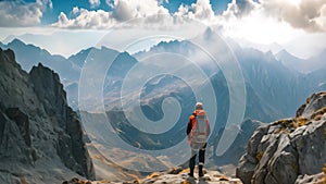 A person stands proudly on top of a towering mountain, overlooking the vast landscape below, A backpacker facing a challenging