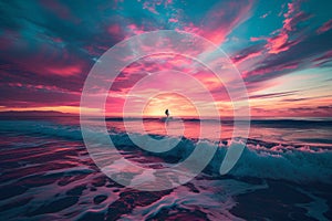 A person stands on a surfboard as they navigate the waves in the beautiful ocean during sunset, Vibrant, multicolored sunset over