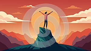 A person stands tall on a rocky cliff their body reaching towards the sun as it begins its ascent into the sky.. Vector