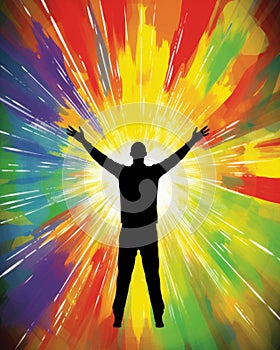 A person stands with their arms spread wide with a sunburst of colors behind them representing the diversity Psychology