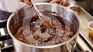 A person stirring chocolate in a pot on the stove, melting it to a smooth consistency
