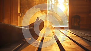 A person stretching out their limbs in the heat of the sauna finding relief from any tightness or stiffness in their photo