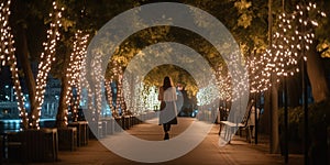 Person strolling along a peaceful city promenade, lined with trees adorned in twinkling fairy lights for a magical