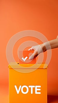 Person submitting a vote into a vibrant orange ballot box
