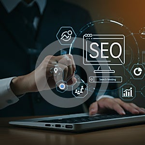 A person in a suit interacts with a laptop, overlayed with digital graphics related to SEO photo