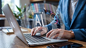 Person in suit using laptop with AI and data analysis holographic interface artificial intelligence