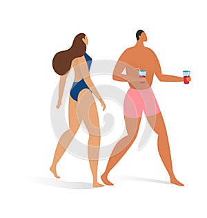 Person at summer beach, man woman couple character isolated on white vector illustration. Happy cartoon people female