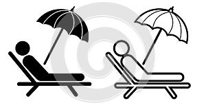 Person on sunbed silhouette and line icon, summer concept, Man lying on deck chair under umbrella , Sunbathing man icon in outline