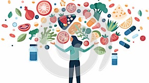 A person surrounded by healthy foods and supplements with accompanying text discussing the role of nutrition in