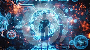 A person is surrounded by a holographic shield displaying their strengthened immune system in a futuristic light.