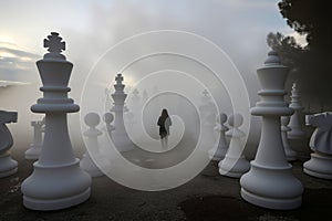 person surrounded by lifesized chess pieces in the fog photo