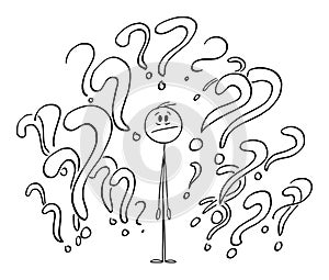 Person Surrounded by Question Marks or Symbols, Unsure Looking for Answer, Vector Cartoon Stick Figure Illustration