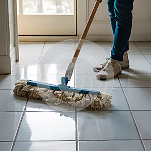 Person sweeps tile floor with dust mop, maintaining cleanliness