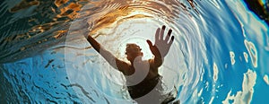 Person Swimming in Water With Raised Hands