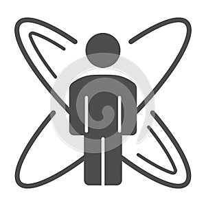 Person with symbol of science solid icon, science concept, Human silhouette with atom sign on white background, atom