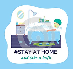 Person takes a bath or a shower. Stay at home awareness social campaign and epidemia prevention