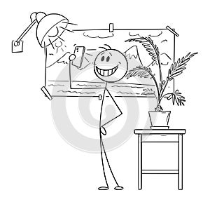 Person Taking Fake Holiday Selfie, Vector Cartoon Stick Figure Illustration