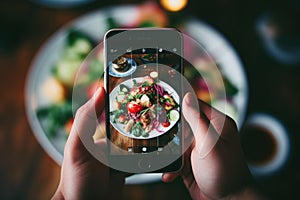Person taking photo tasty food. Generate Ai