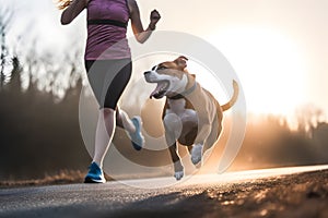 Person taking their energetic dog for a run, experiencing improved physical health and a stronger bond. Generative AI