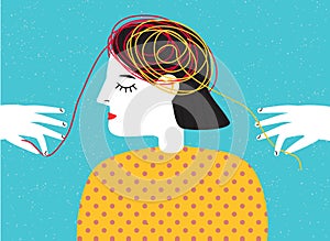 Person with tangled thread in head. Mental health and psychotherapy concept. Abstract vector illustration for people mood and