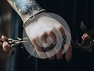 A person with tattoos on their hands holding a flower. Generative AI image.