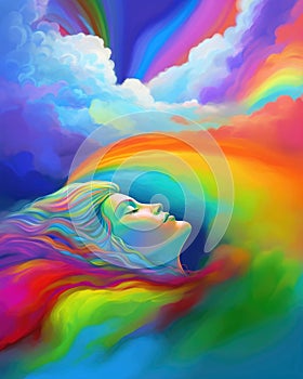 A person with their eyes closed atop a rainbow cloud floating in the sky gentle waves of vibrant colors Psychology