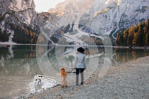 A person and their golden companion pause on a pebbled lakeshore