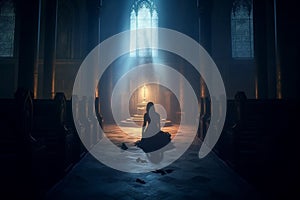 Person on their knees, praying in a gothic church with candles. The artwork depicts the spiritual and mystical experience of