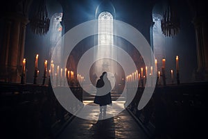 Person on their knees, praying in a gothic church with candles. The artwork depicts the spiritual and mystical experience of