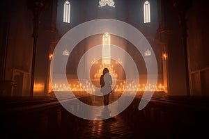 Person on their knees, praying in a gothic church with candles. The artwork depicts the spiritual and mystical experience of