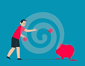 Person throw coins into a piggy bank. Cornhole game concept