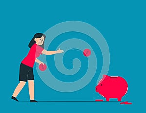 Person throw coins into a piggy bank. Cornhole game concept