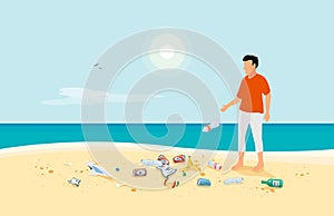 Person Throwing Away Waste Creating Pollution Trash on the Sea Sand Beach