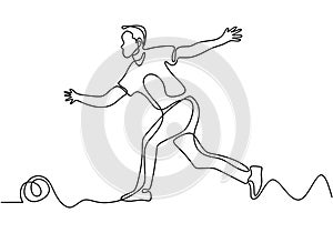 Person throwing a bowling ball to make a strike continuous one line drawing. Vector sport game player