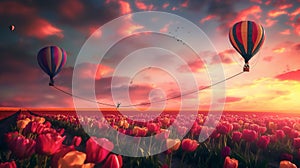 Person tightrope walking between hot air balloons over tulip field at sunset