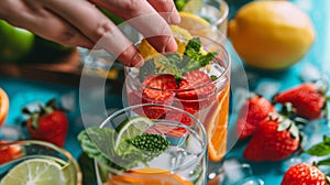 A person ting up fresh fruits to add to their water incorporating natural flavors and nutrients to their hydration photo