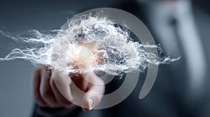 Person touching cloud computing network data connection