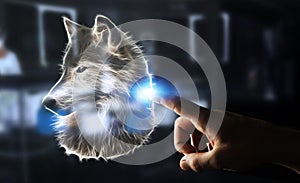 Person touching fractal endangered wolf illustration 3D rendering