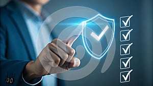 Person touching glowing shield with checkmarks on screen 1