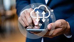 Person touching smartphone displaying cloud computing and data transfer icons hands