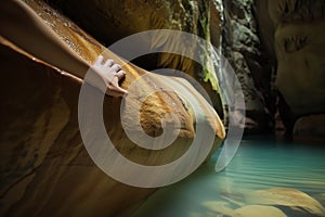 a person touching the smooth wall of a flooded cavern