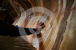 a person touching the smooth wall of a flooded cavern