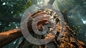 Person touching a tree trunk in a forest.