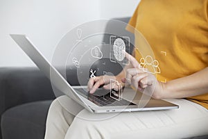 Person touching virtual screen to scan fingerprints, digital transformation management concept. Internet of Things, Big Data and