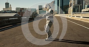 Person, travel and astronaut in city with dancing, future dystopia and planet for discovery. Earth, aerospace mission