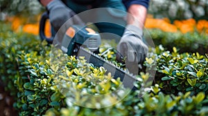 Person Trimming Hedge With Hedge Trimmer